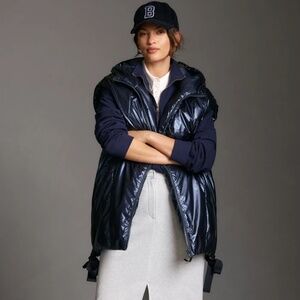 NWT Anthropologie Pilcro oversized longline Shine Puffer Vest Navy Blue Small
